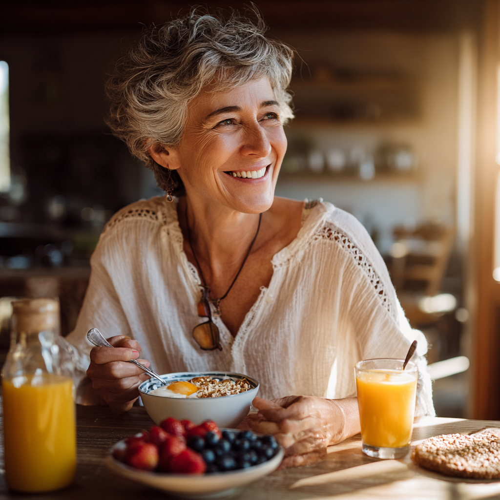 50 years old woman enjoying healthy breakfast with personalized nutrition plan